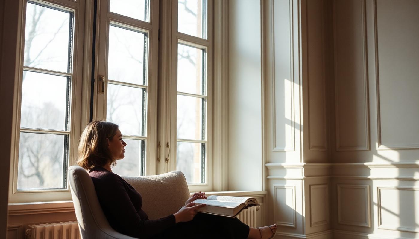 A woman reading beside a tall window